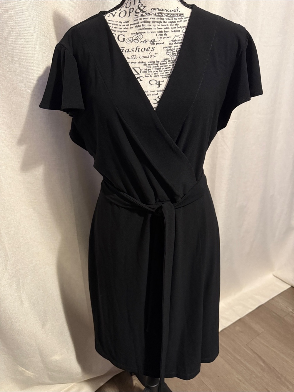 Nine West Black Faux Wrap Flutter Sleeve Dress Size M